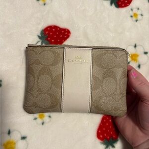 COACH Sand & Chalk Stripe Corner Zip Wristlet Wallet Signature Canvas & Leather
